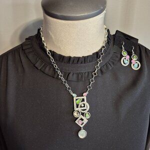 Vintage Butler Geometric Coloured Gemstone Necklace and Earrings Set Signed